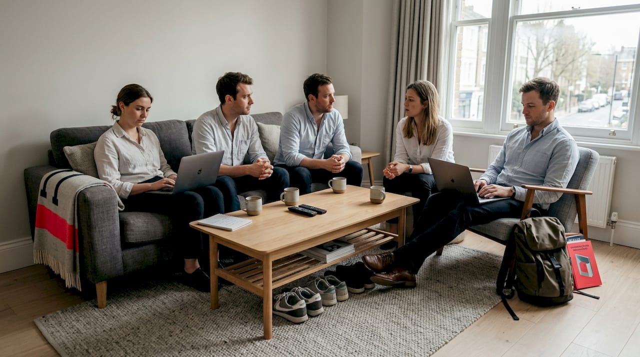 Team in cramped, tired shared apartment
