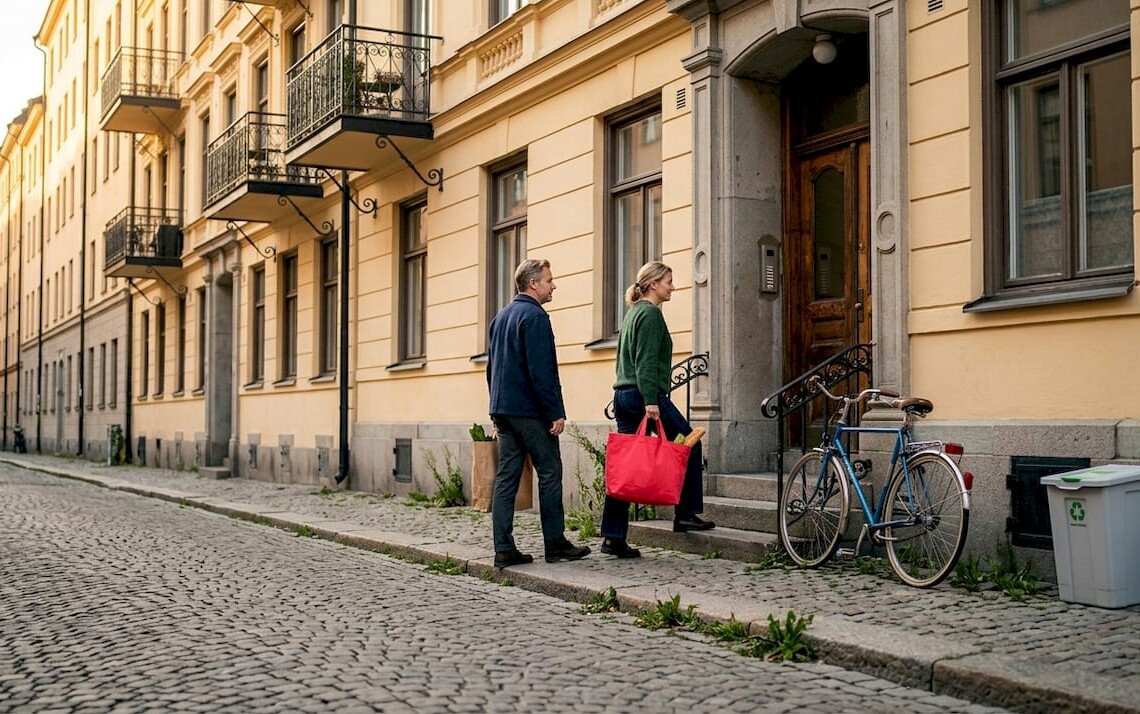 Couple arriving at Swedish apartment building