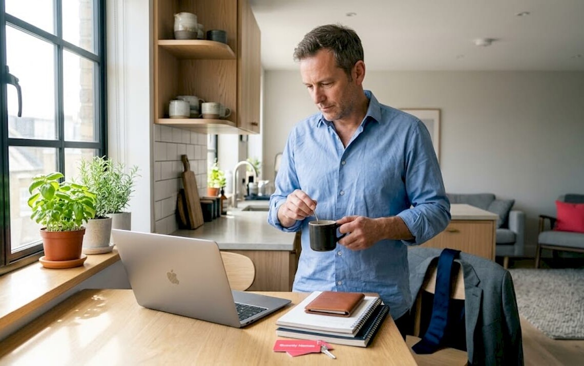 Business traveler with coffee in light apartment