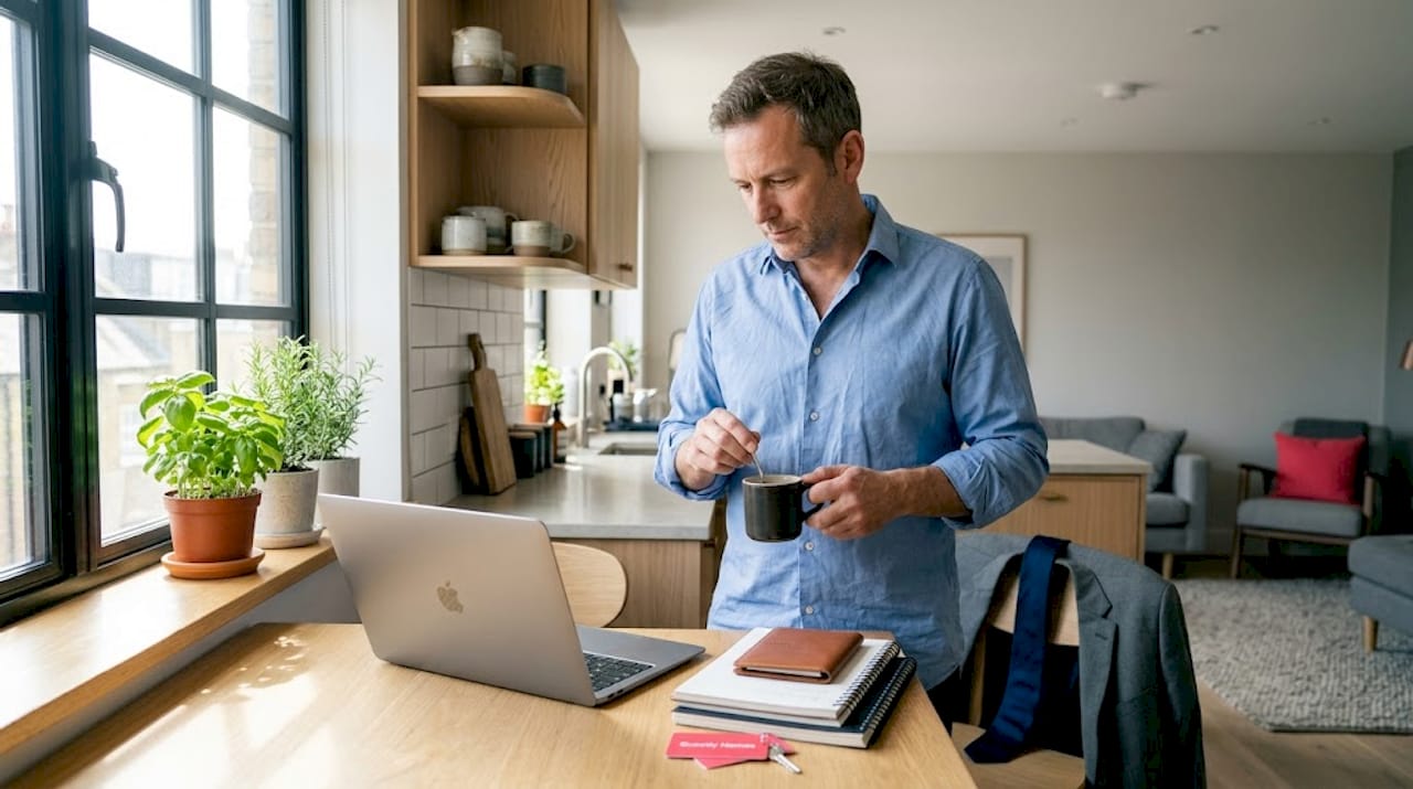 Business traveler with coffee in light apartment