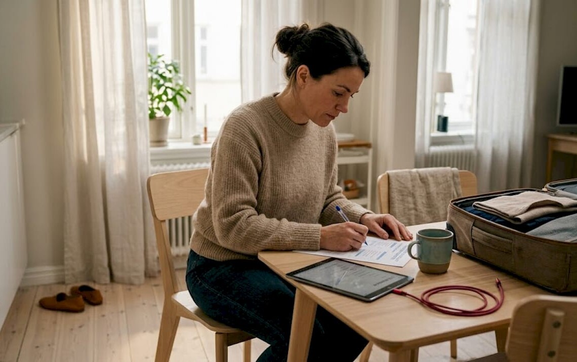 Business traveler preparing accommodation checklist