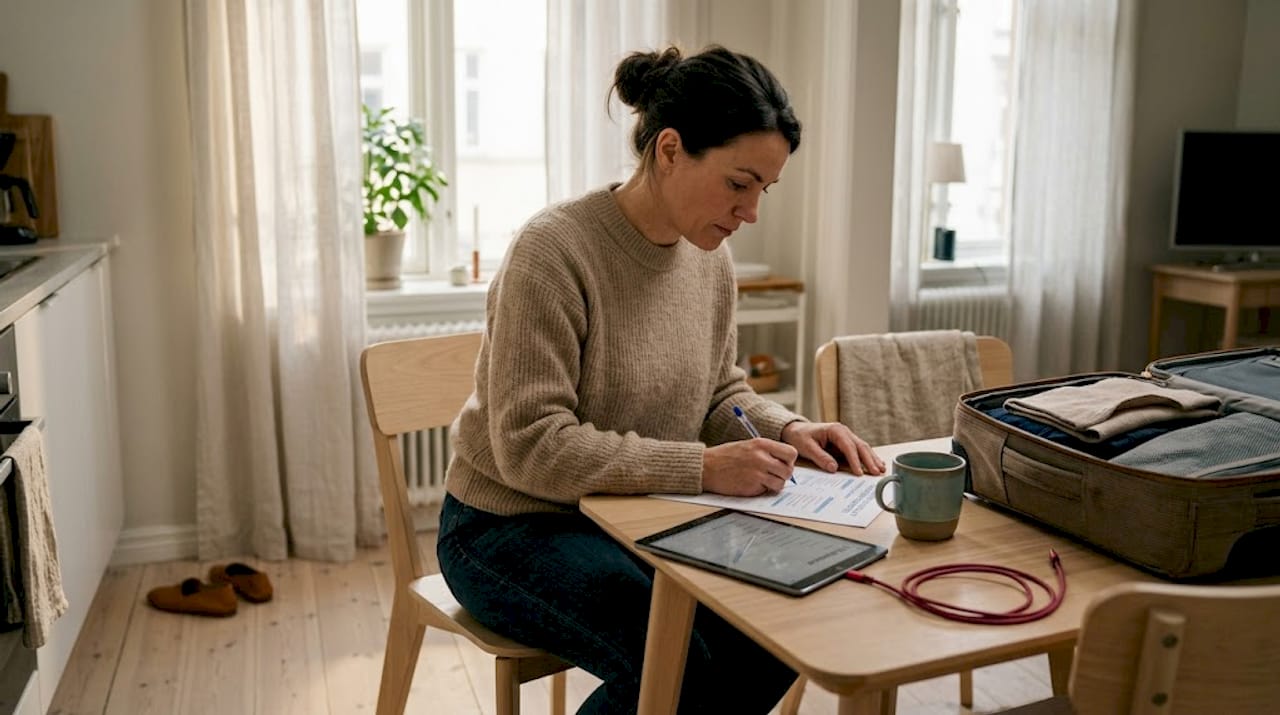 Business traveler preparing accommodation checklist