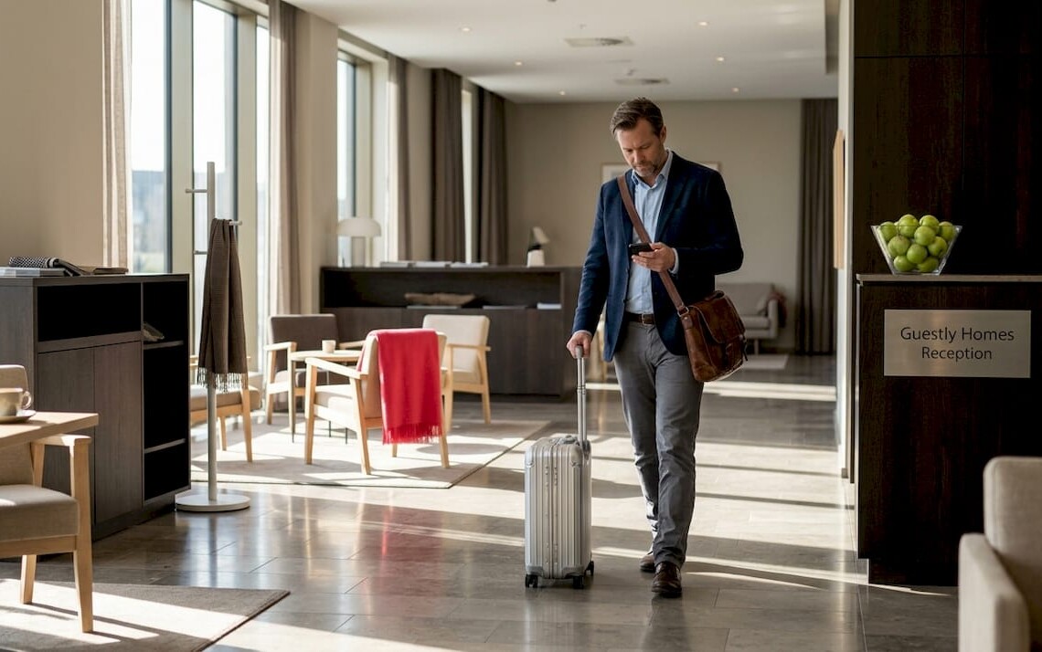 Business traveler arriving at Nordic hotel lobby