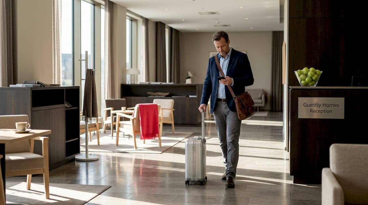 Business traveler arriving at Nordic hotel lobby