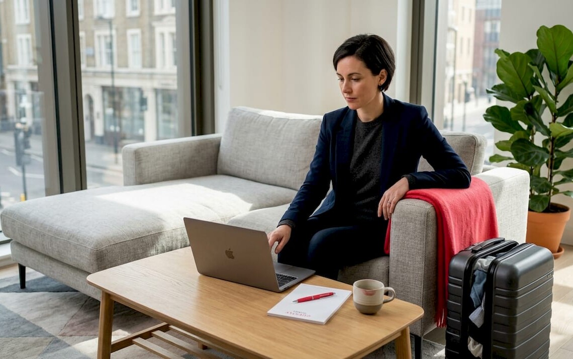 Business traveler working in neat serviced apartment