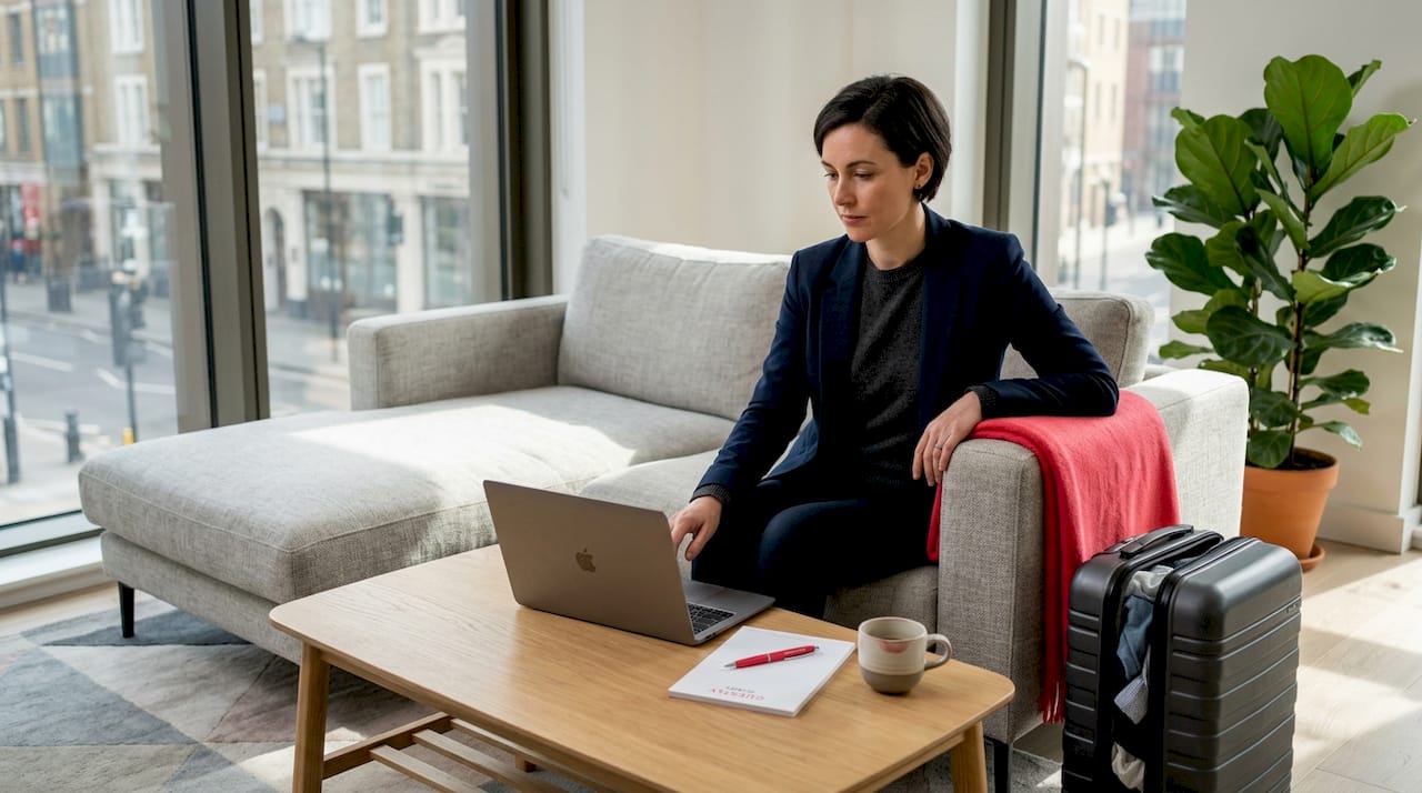 Business traveler working in neat serviced apartment