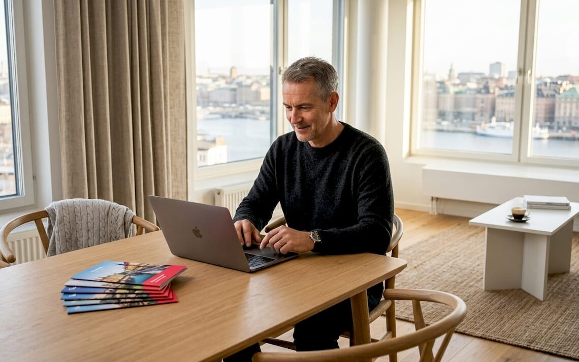 Property owner reviews rental options at home