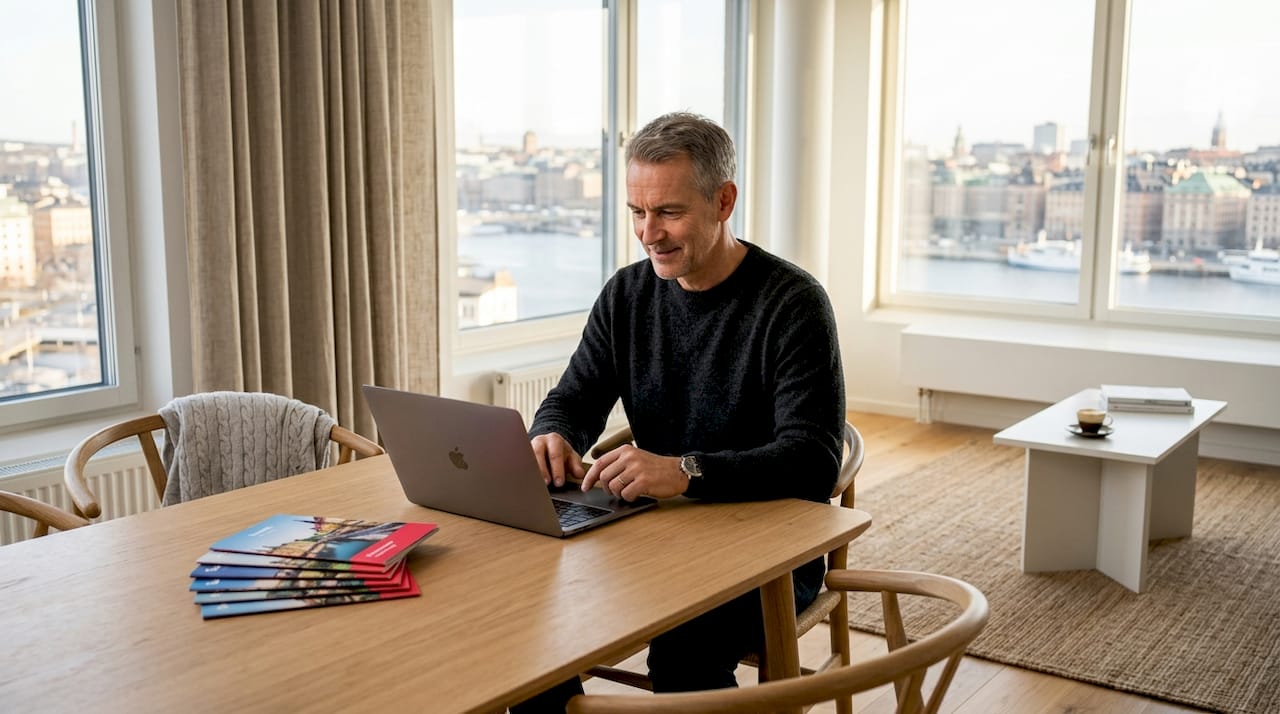 Property owner reviews rental options at home