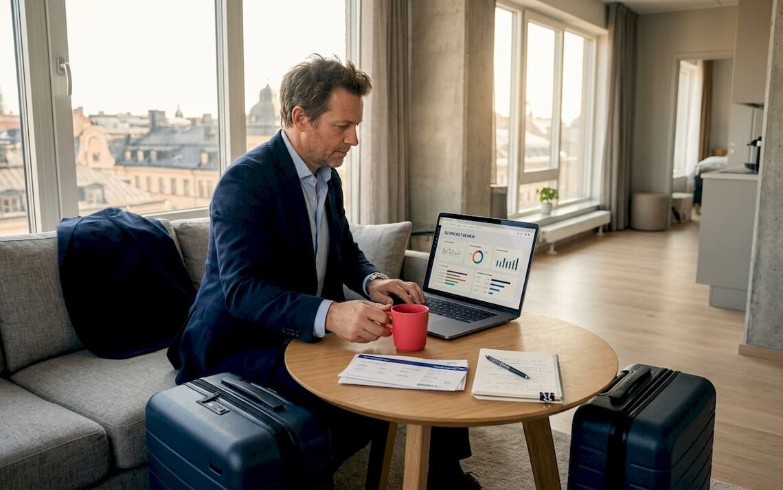Business traveler working from Stockholm apartment
