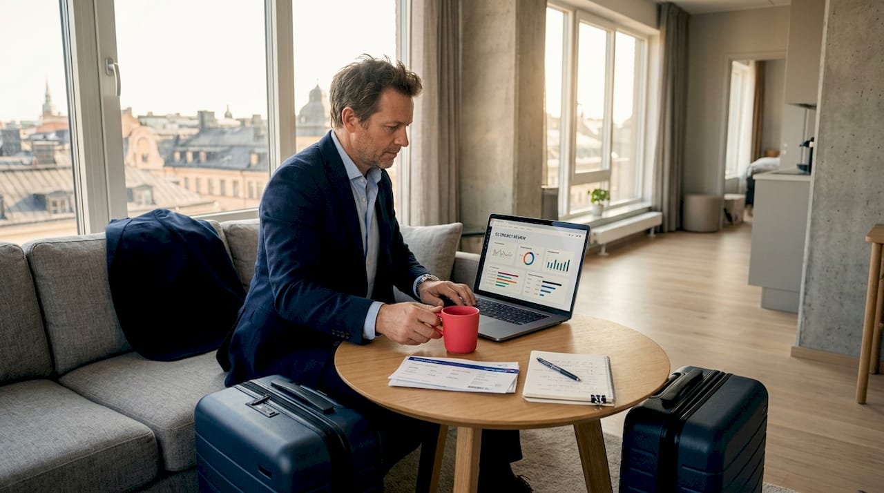 Business traveler working from Stockholm apartment