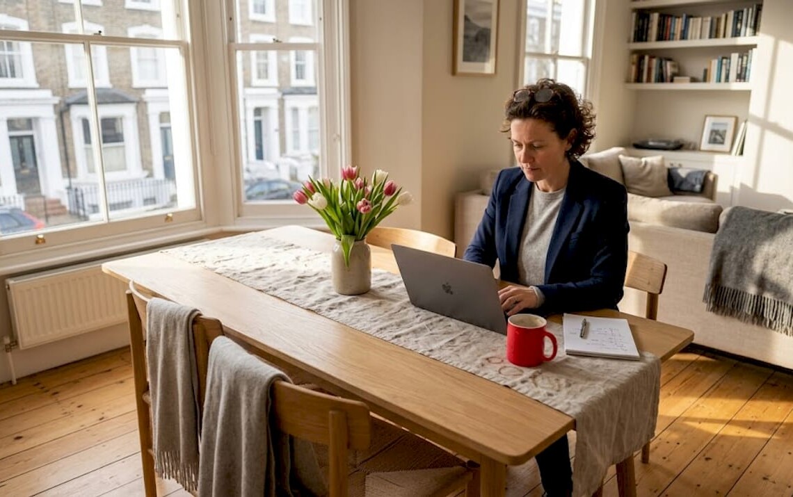 Businesswoman reviewing rental agreement in Swedish apartment
