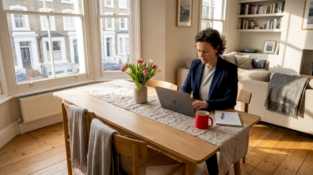 Businesswoman reviewing rental agreement in Swedish apartment