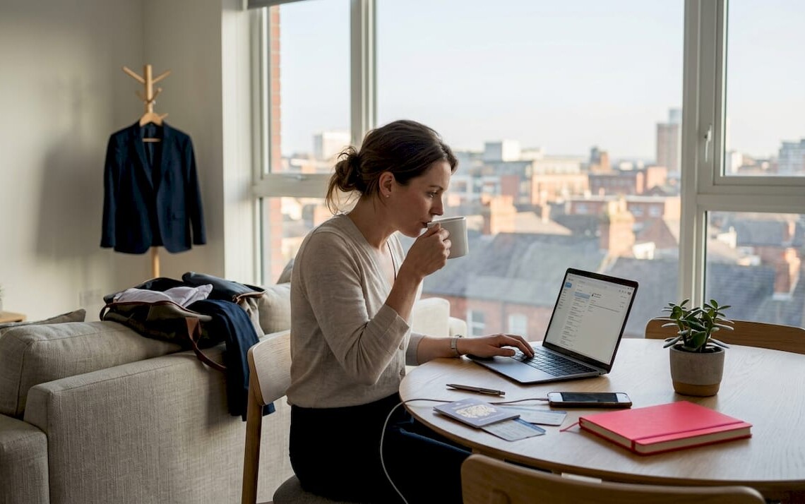 Business traveler working in sunny serviced apartment
