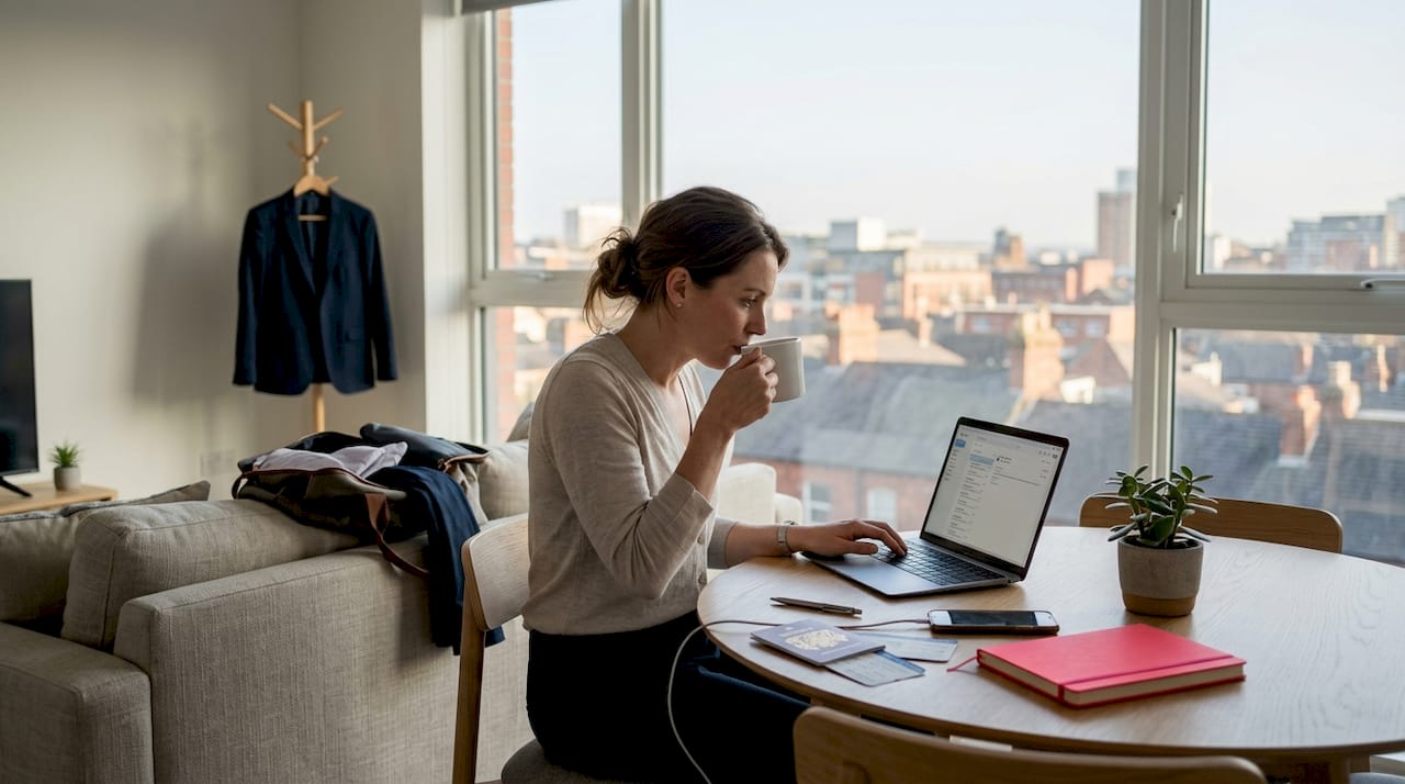 Business traveler working in sunny serviced apartment