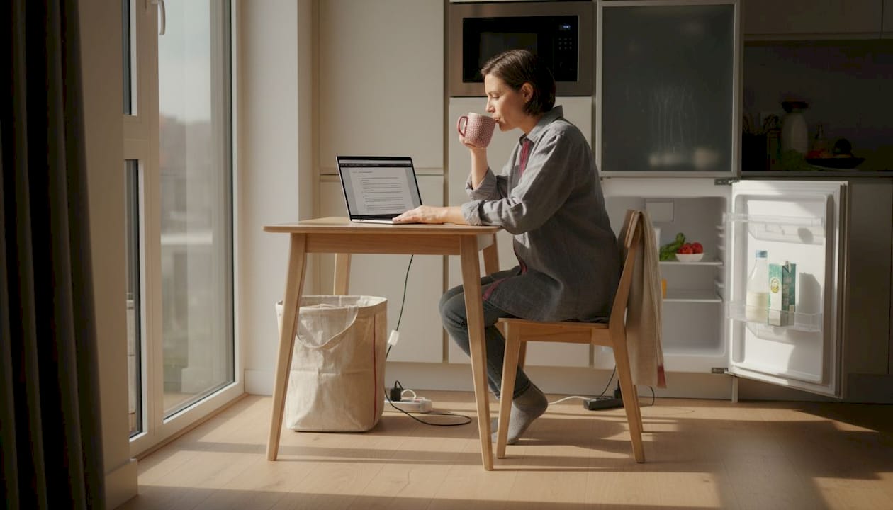 Business traveler using workspace in apartment