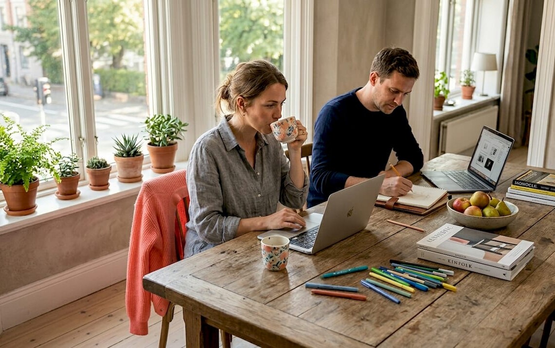 Team working in apartment kitchen on laptops
