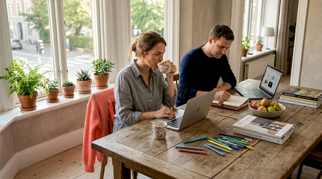 Team working in apartment kitchen on laptops