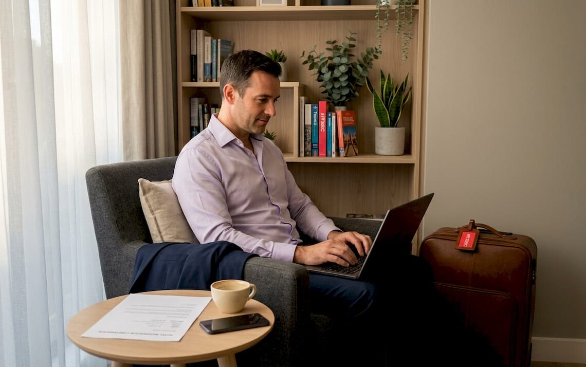 Business traveler working in serviced apartment with suitcase