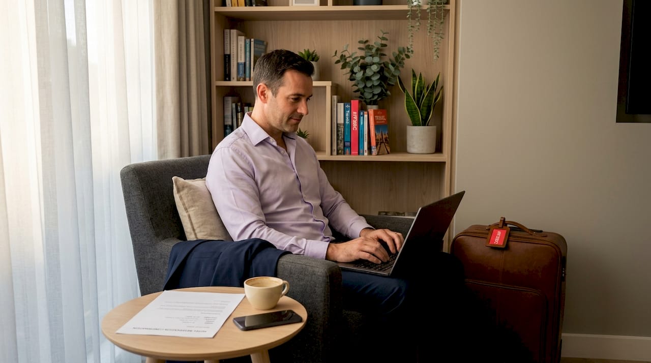 Business traveler working in serviced apartment with suitcase