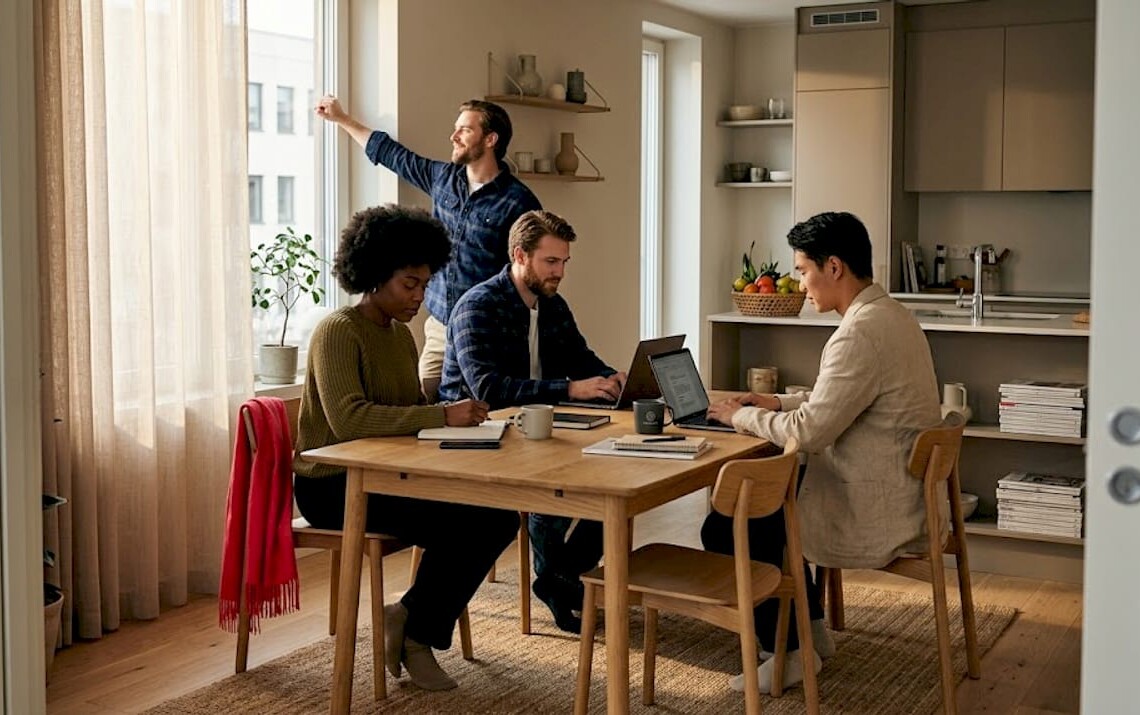 Corporate team working in bright apartment