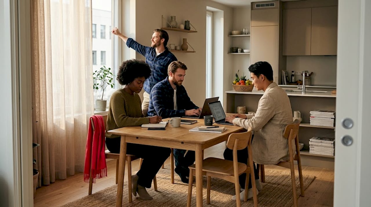 Corporate team working in bright apartment