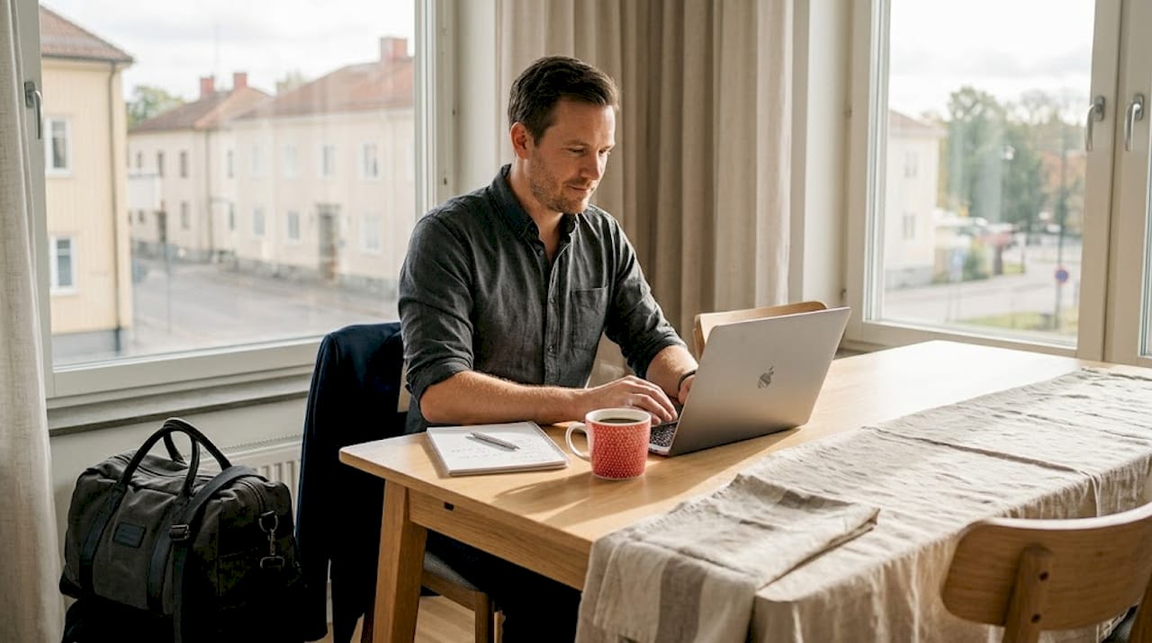 Professional working at dining table in apartment