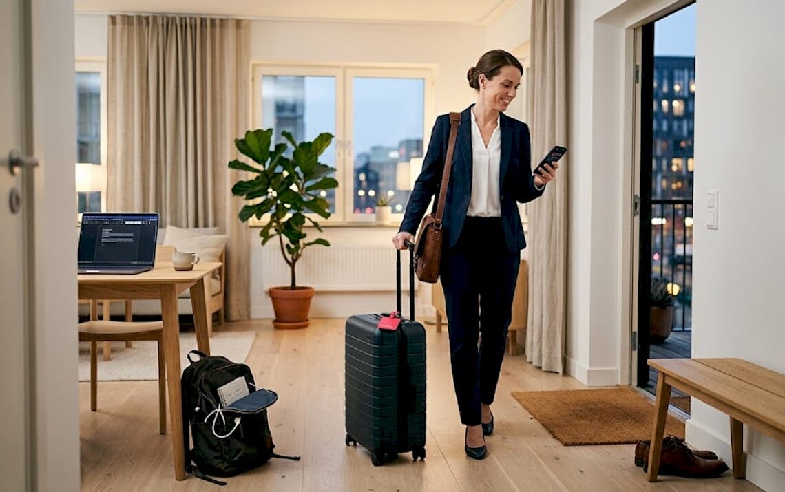 Business guest entering modern rental apartment