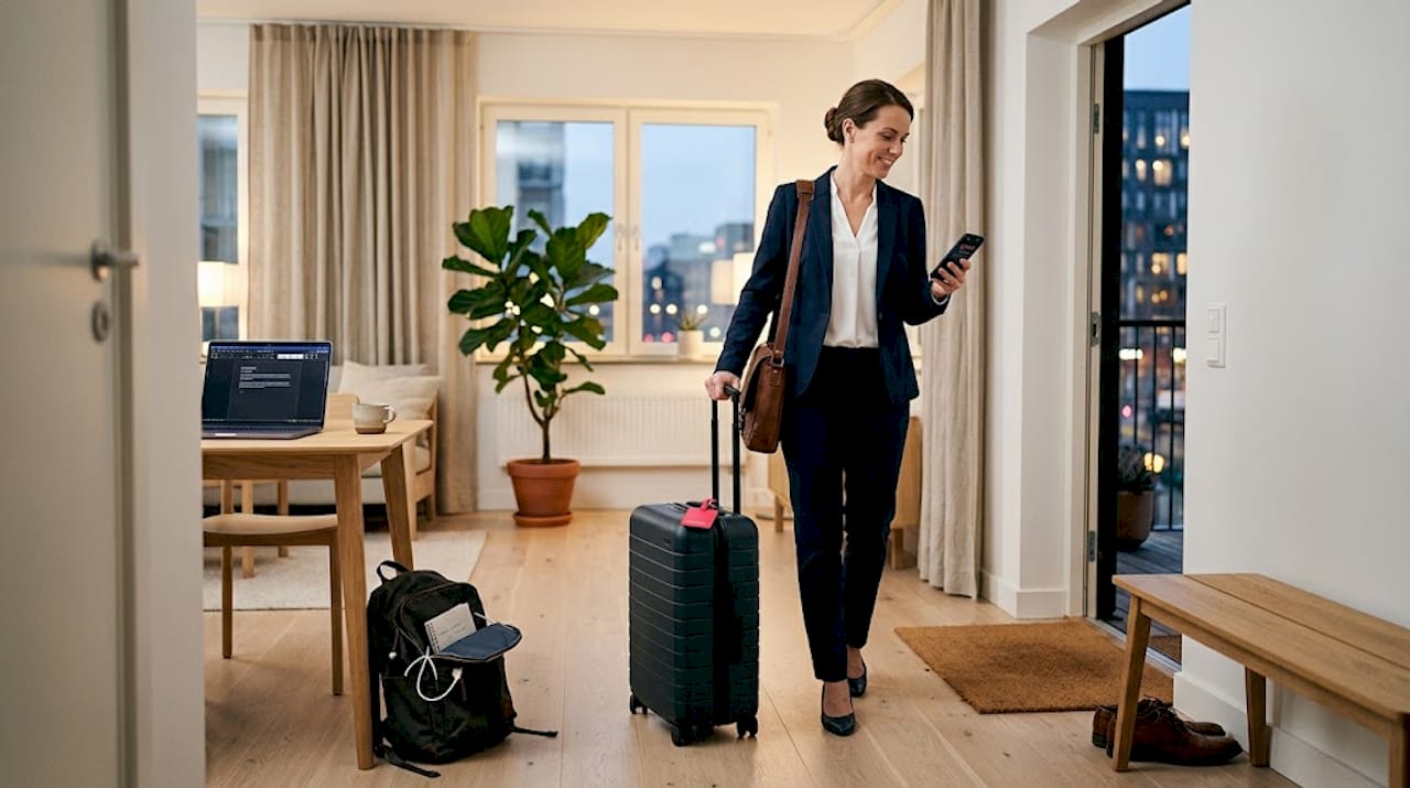 Business guest entering modern rental apartment