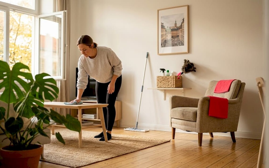 Landlord cleaning apartment living room