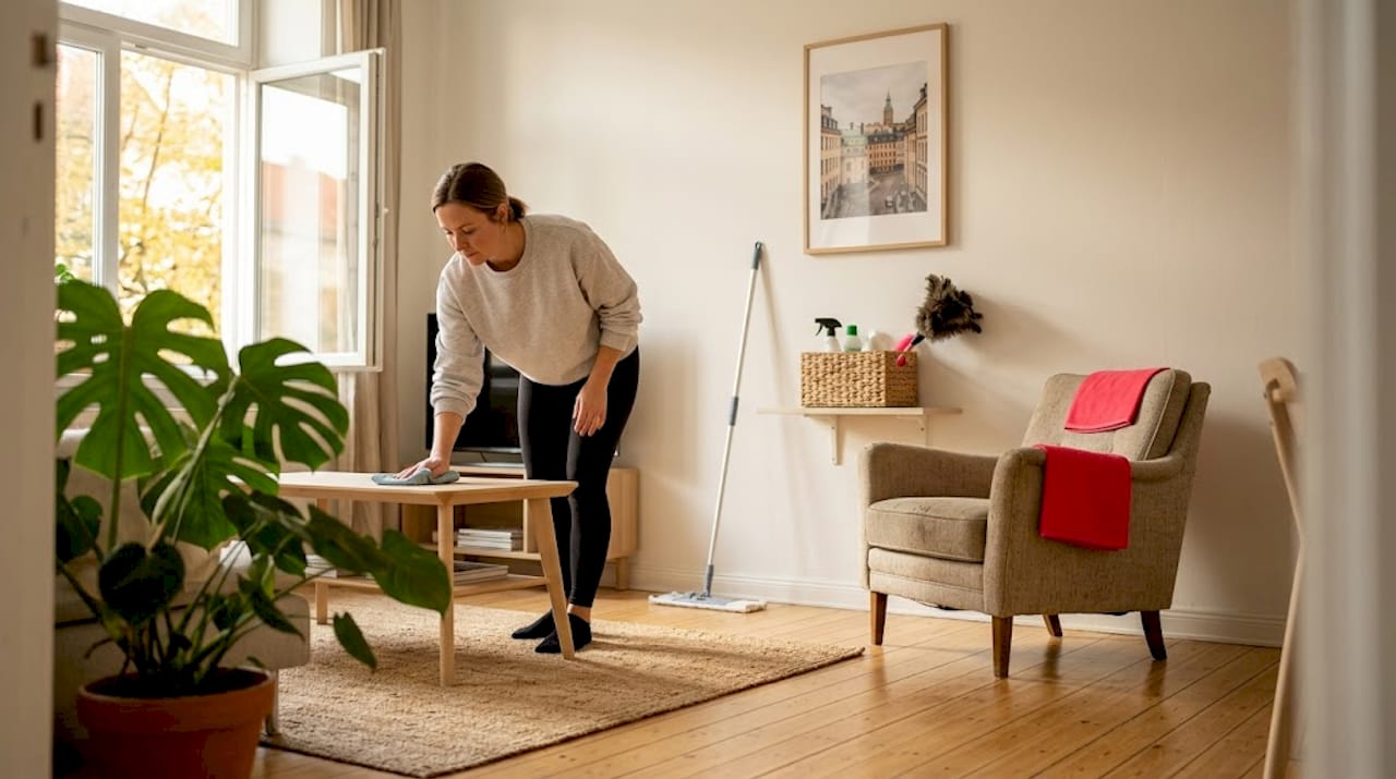 Landlord cleaning apartment living room