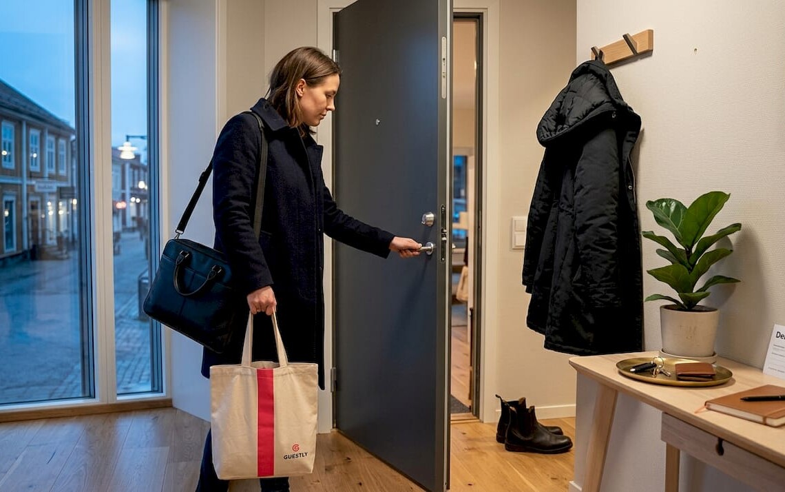 Professional entering apartment after work in Piteå