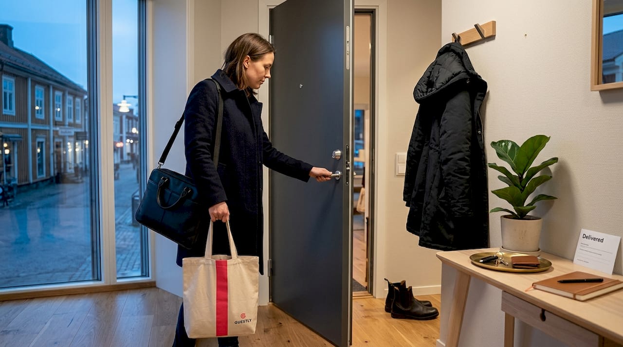 Professional entering apartment after work in Piteå