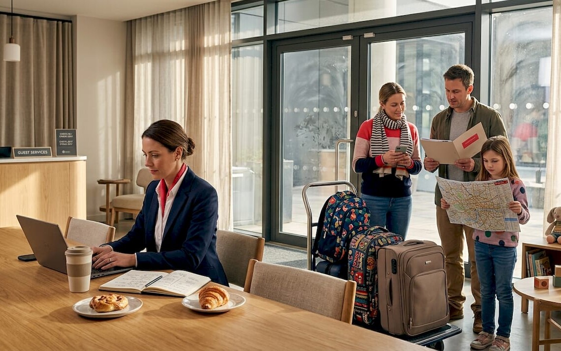 Hotel lobby shows contrast between corporate and tourist guests