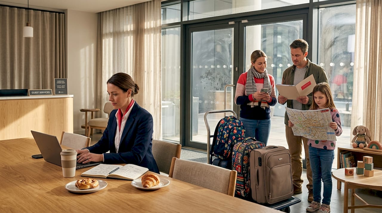 Hotel lobby shows contrast between corporate and tourist guests