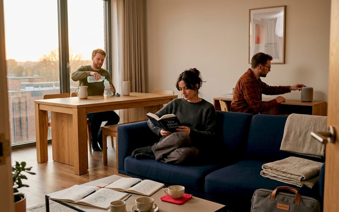 Team relaxing in shared house after work