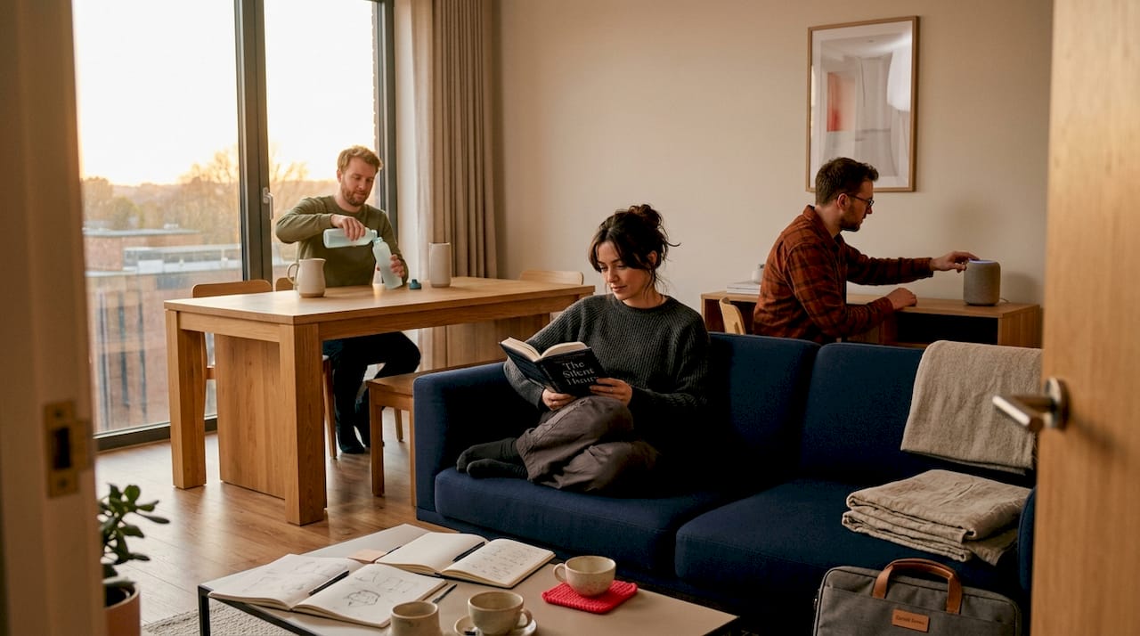 Team relaxing in shared house after work