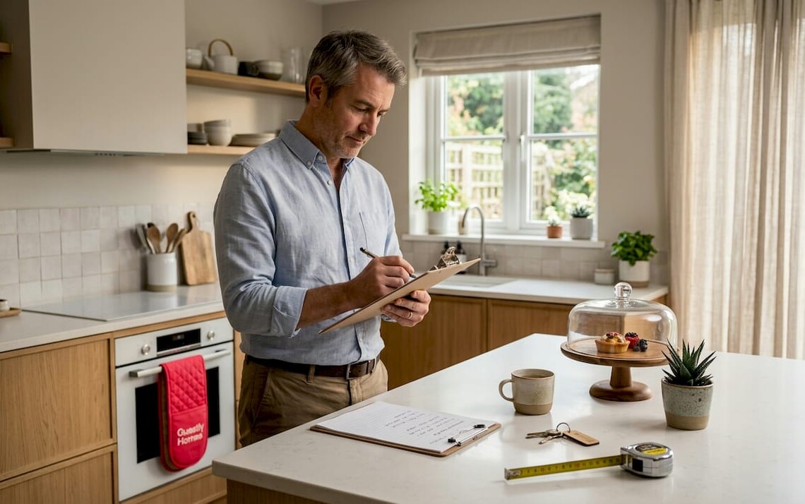 Landlord inspecting furnished rental living room