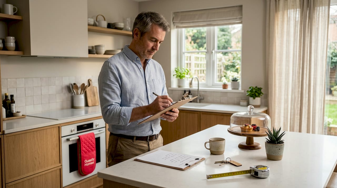 Landlord inspecting furnished rental living room