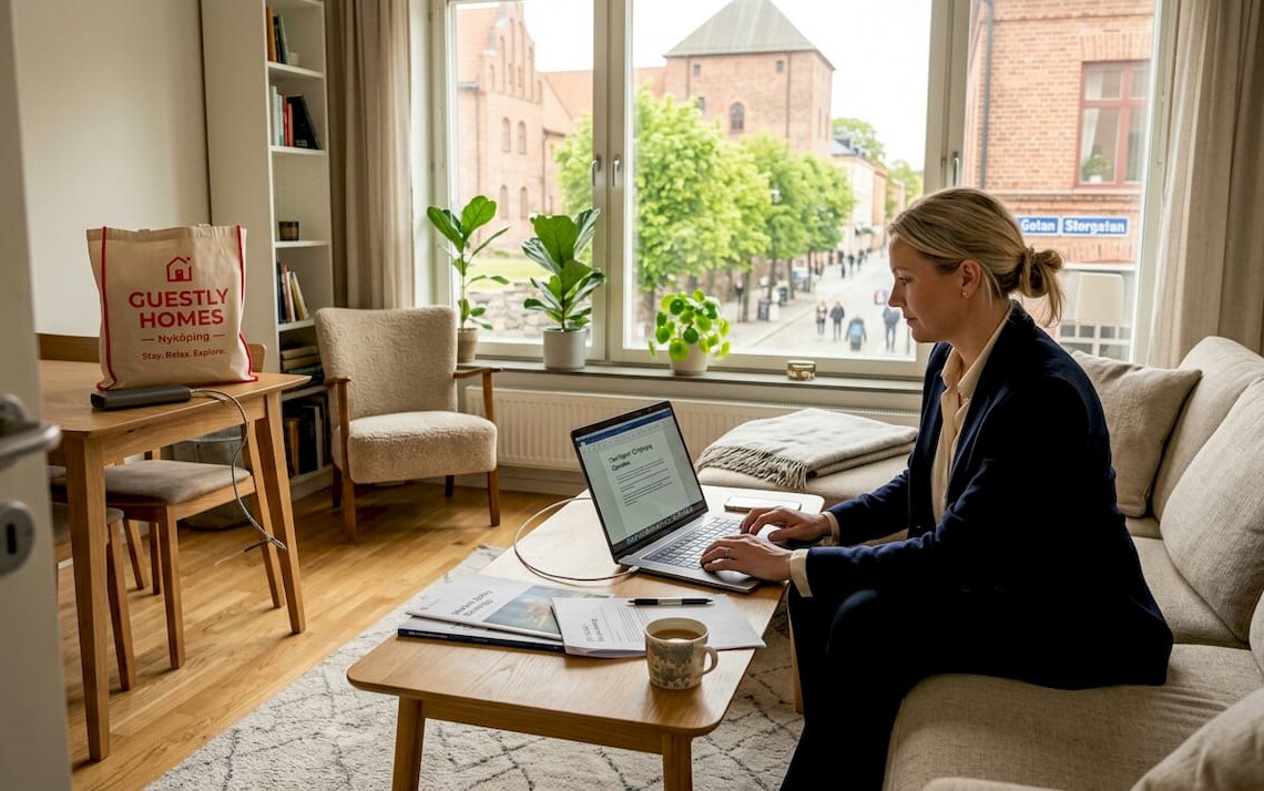 Professional working in Nyköping corporate apartment living room