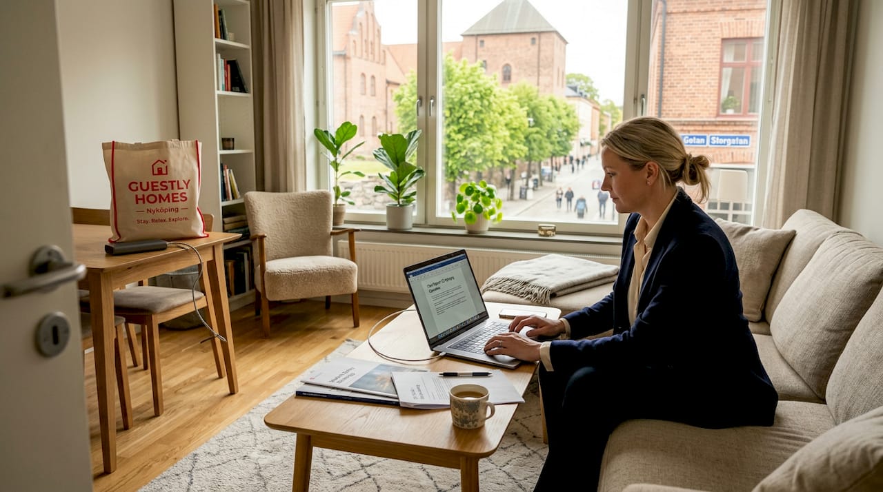 Professional working in Nyköping corporate apartment living room
