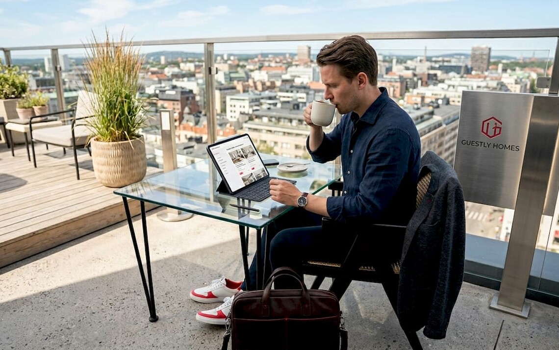 Professional reviewing corporate housing options at office lounge