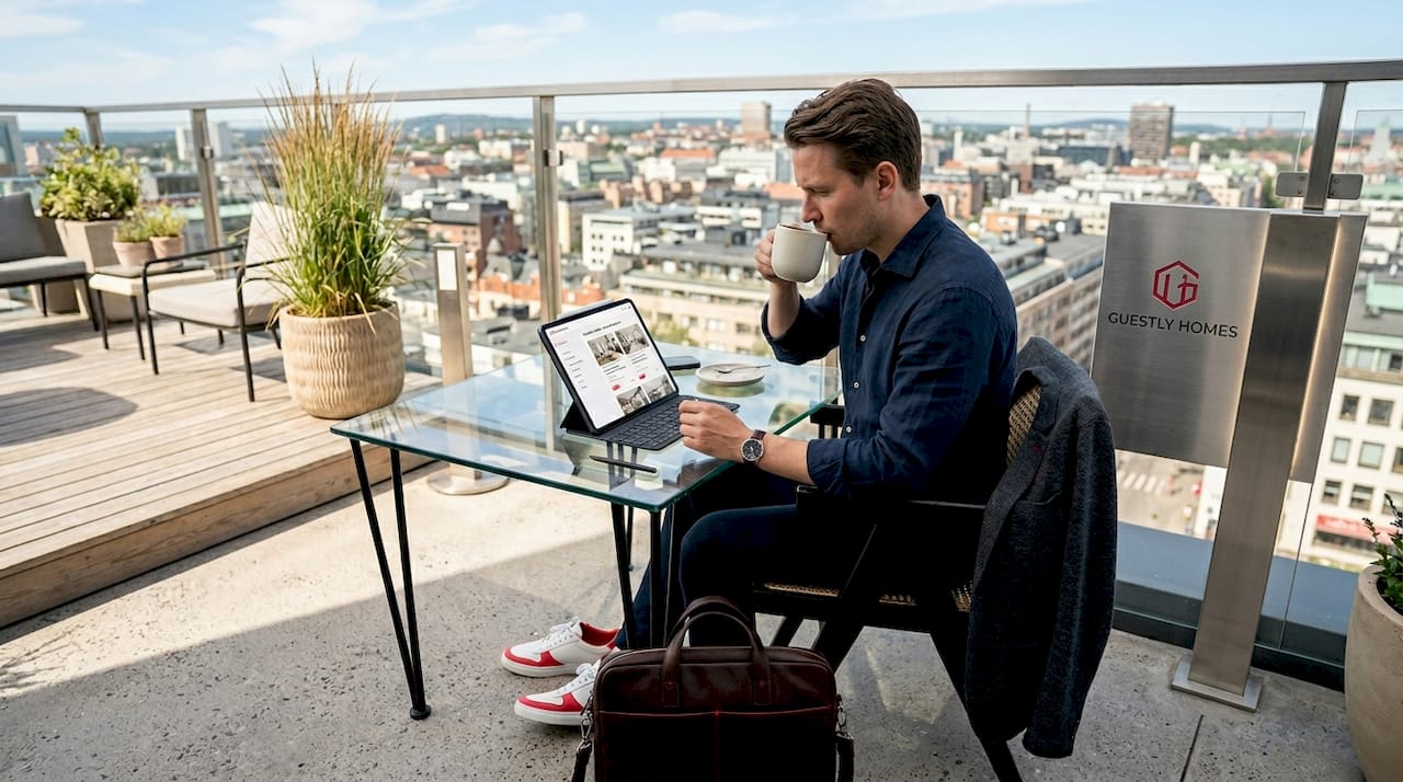 Professional reviewing corporate housing options at office lounge