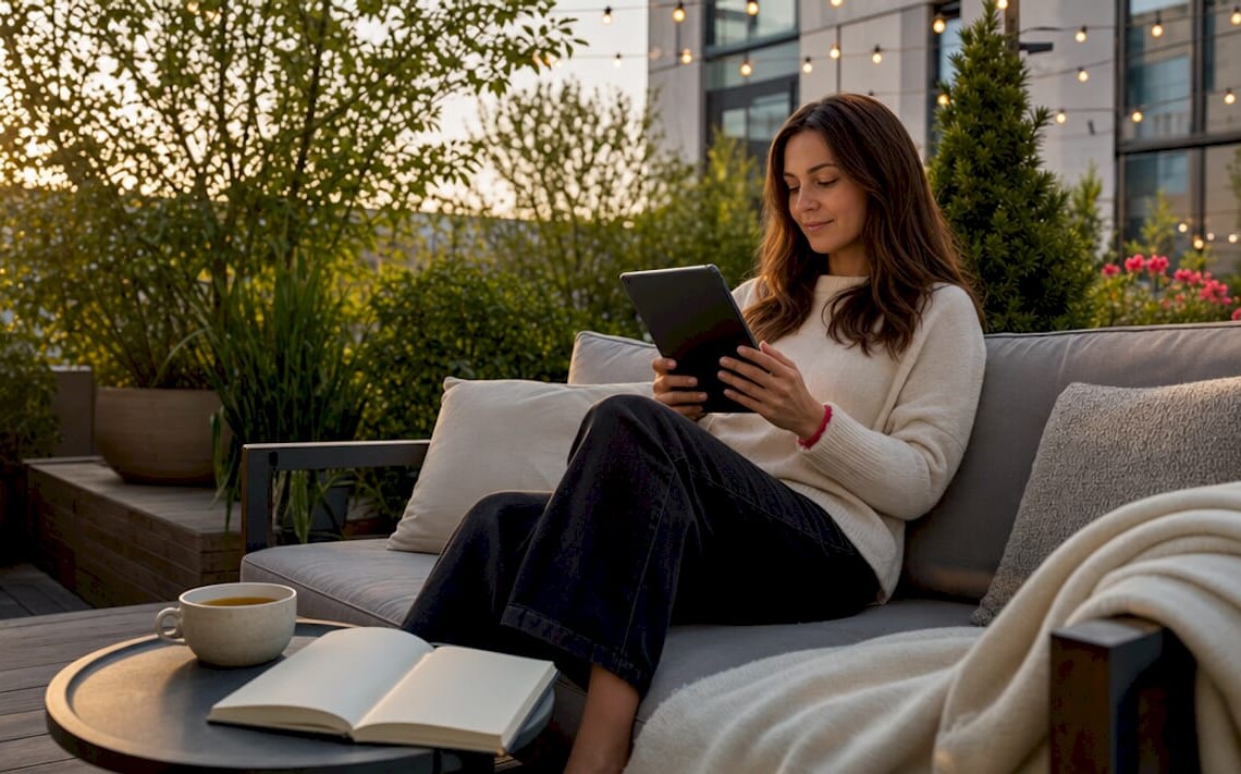 Woman browsing tablet in furnished rental living room