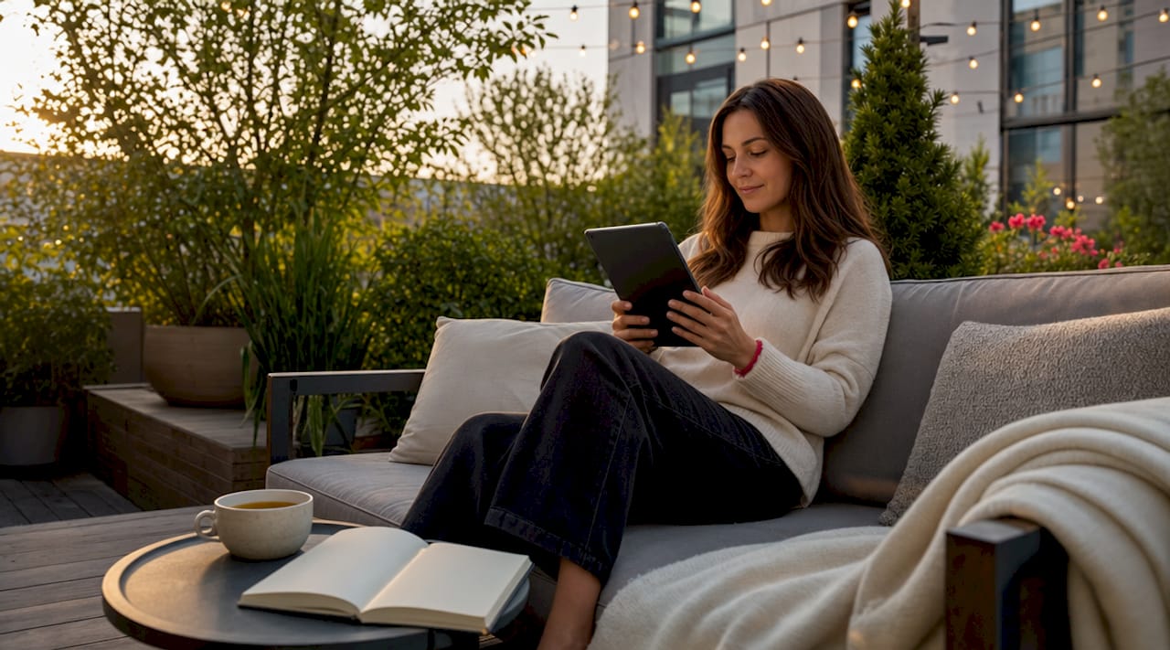 Woman browsing tablet in furnished rental living room