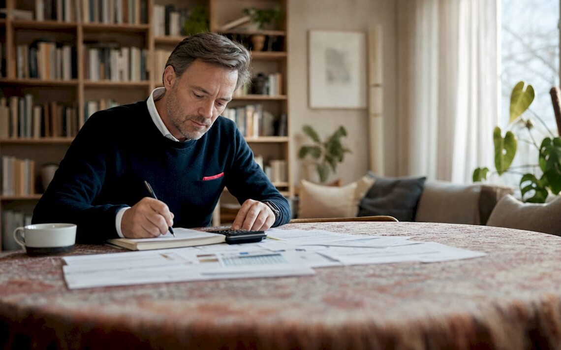 Man calculating rental management costs at kitchen table