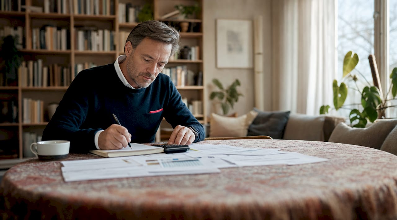 Man calculating rental management costs at kitchen table