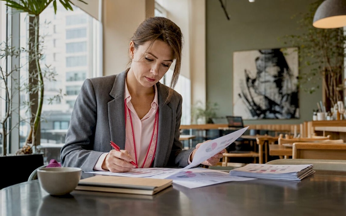 Property manager reviewing rental reports in office