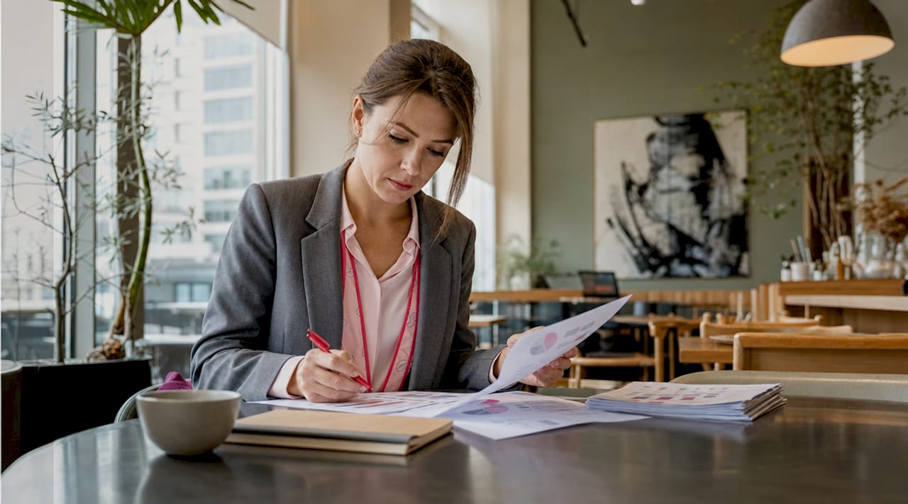 Property manager reviewing rental reports in office