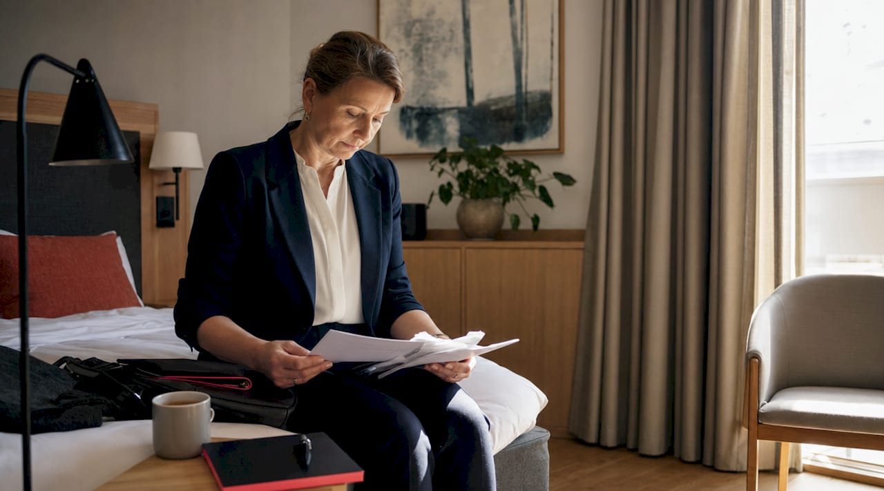 Businesswoman in simple budget hotel room