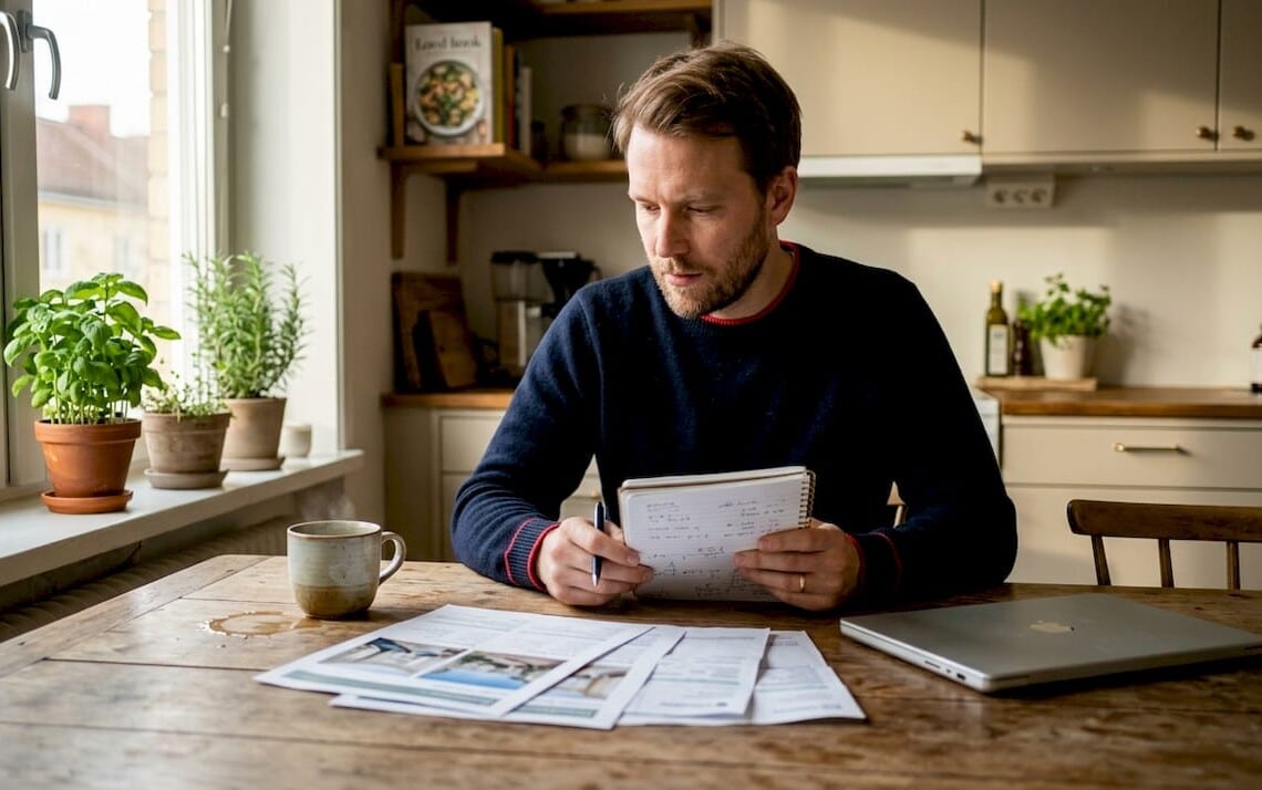 Professional reviewing housing options and bills in Stockholm home office